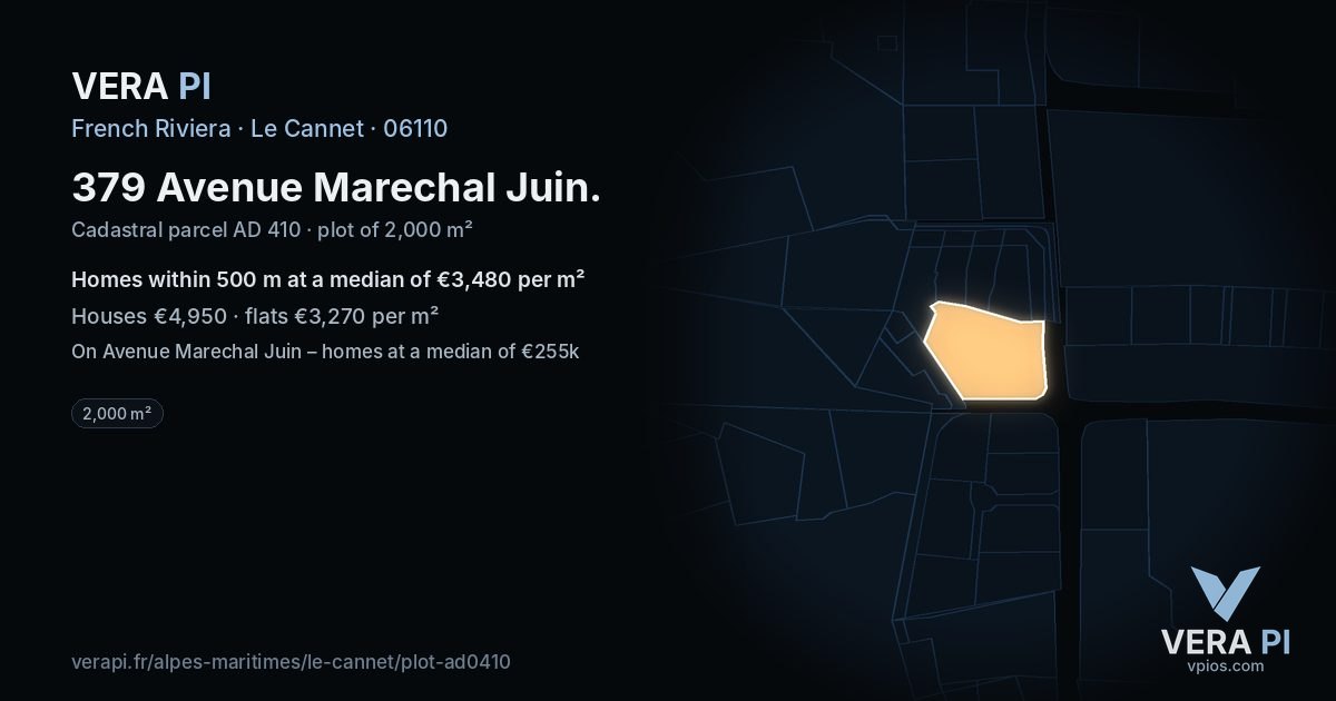 379 Avenue Marechal Juin, Le Cannet at night – the plot lit, the parcels around coloured by the prices near them