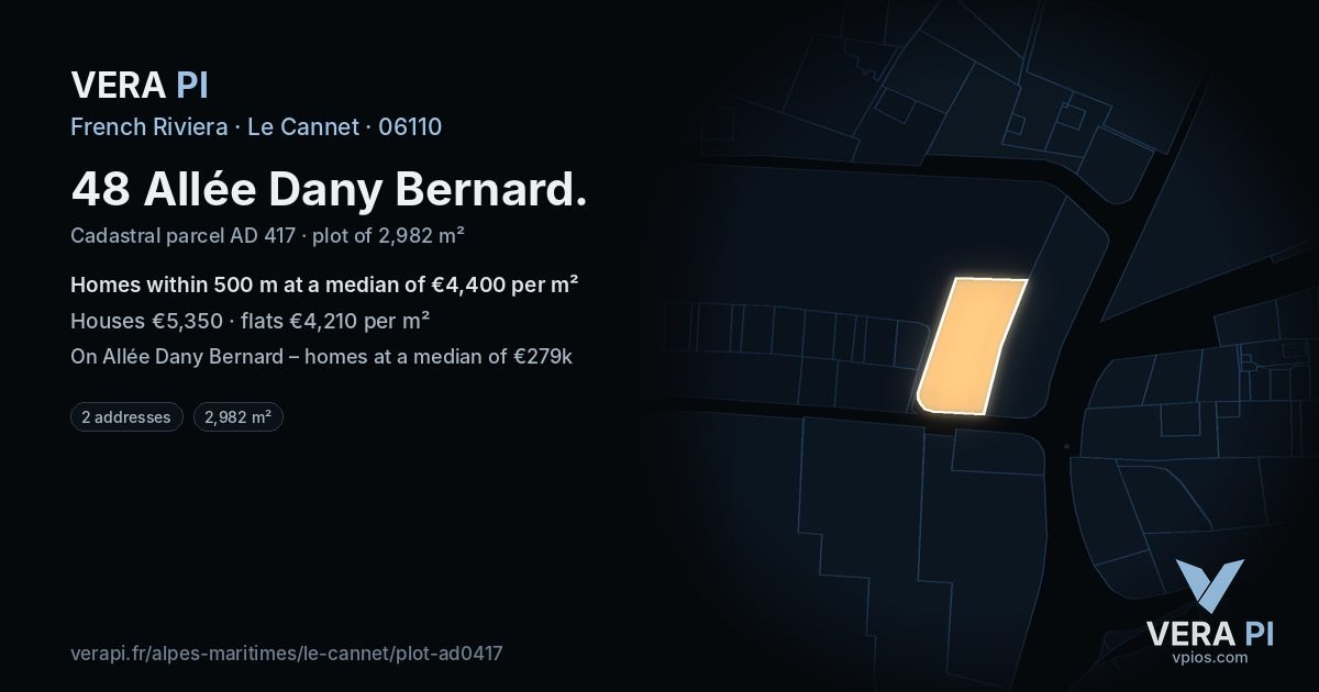48 Allée Dany Bernard, Le Cannet at night – the plot lit, the parcels around coloured by the prices near them