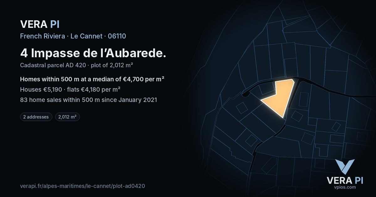 4 Impasse de l’Aubarede, Le Cannet at night – the plot lit, the parcels around coloured by the prices near them