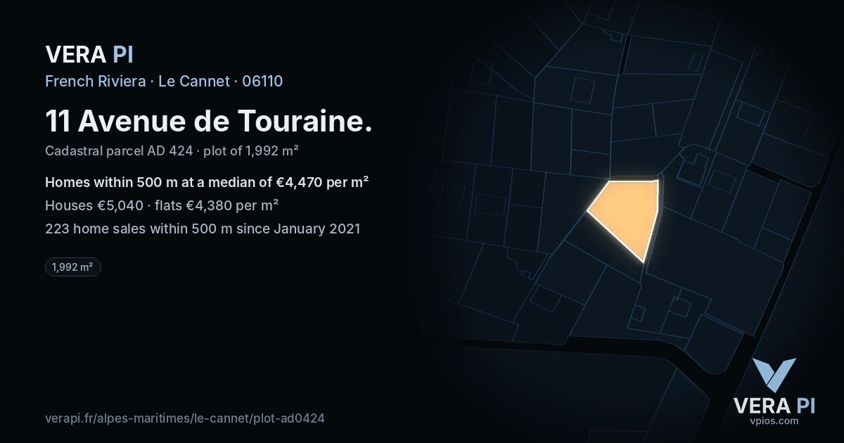 11 Avenue de Touraine, Le Cannet at night – the plot lit, the parcels around coloured by the prices near them