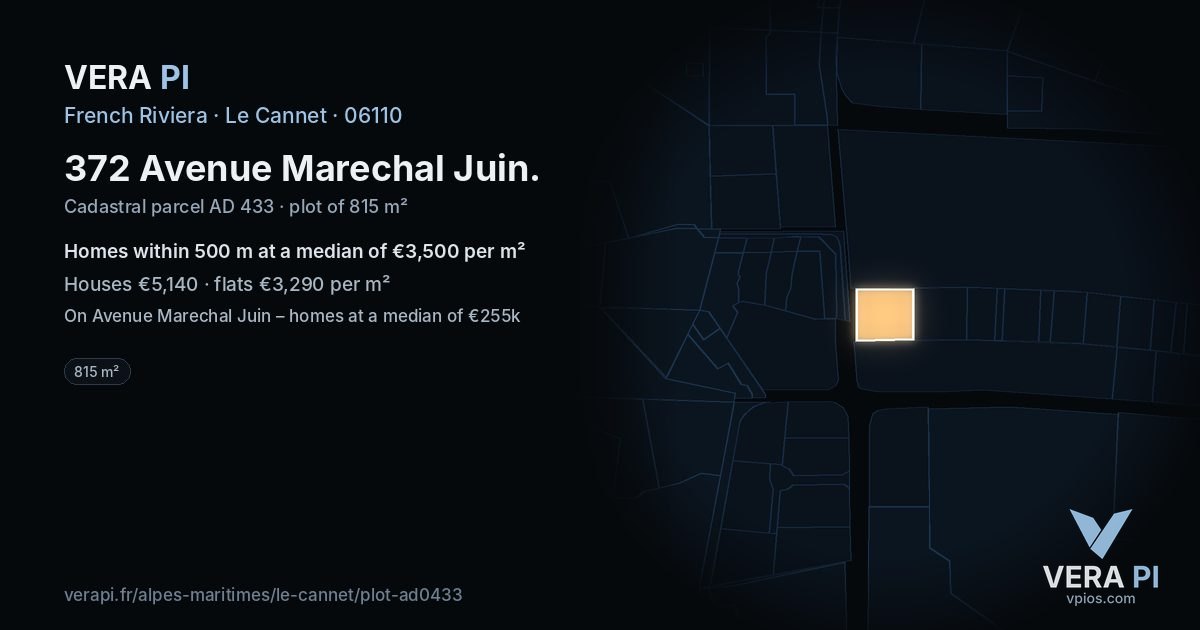 372 Avenue Marechal Juin, Le Cannet at night – the plot lit, the parcels around coloured by the prices near them