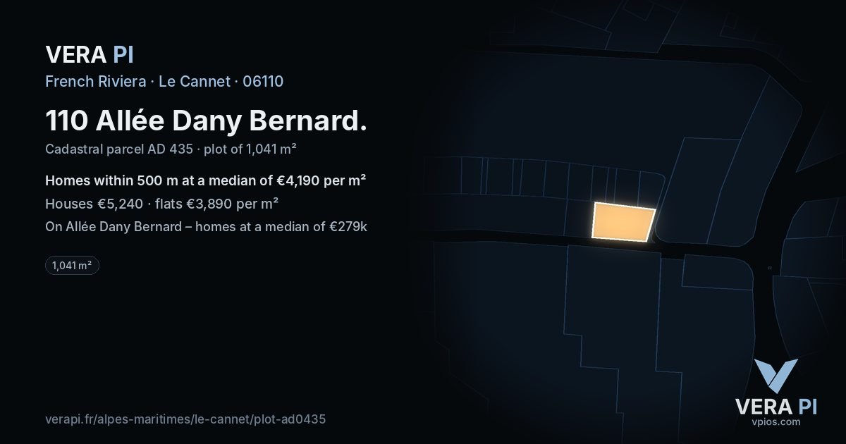 110 Allée Dany Bernard, Le Cannet at night – the plot lit, the parcels around coloured by the prices near them
