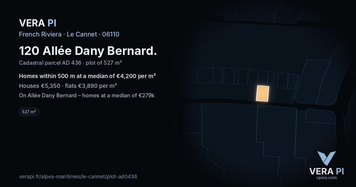 120 Allée Dany Bernard, Le Cannet at night – the plot lit, the parcels around coloured by the prices near them