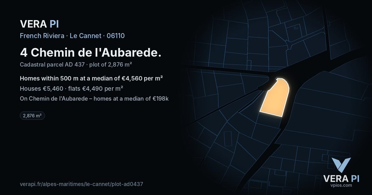 4 Chemin de l'Aubarede, Le Cannet at night – the plot lit, the parcels around coloured by the prices near them
