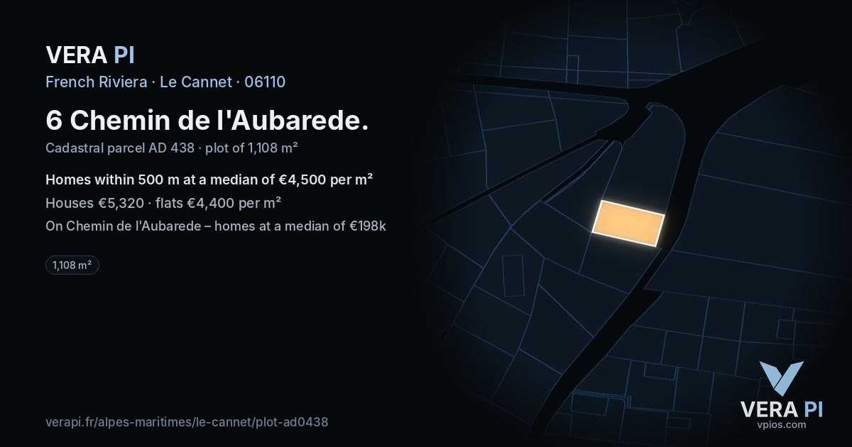 6 Chemin de l'Aubarede, Le Cannet at night – the plot lit, the parcels around coloured by the prices near them