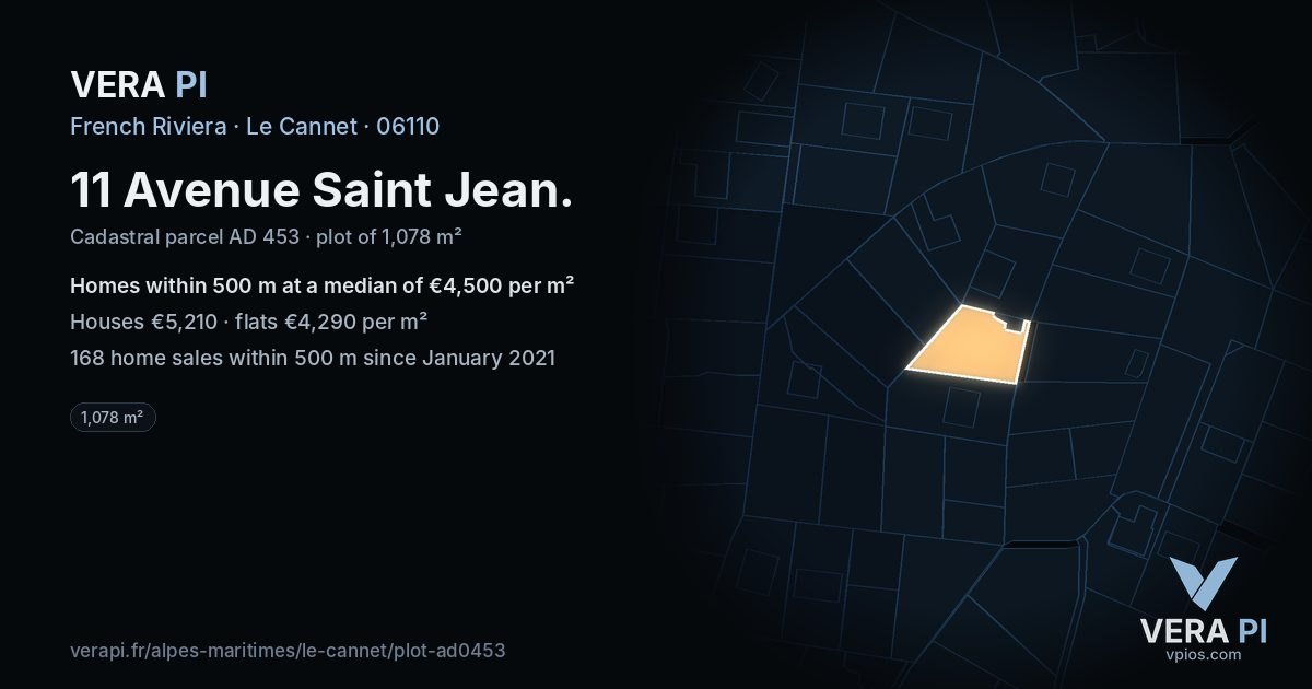 11 Avenue Saint Jean, Le Cannet at night – the plot lit, the parcels around coloured by the prices near them