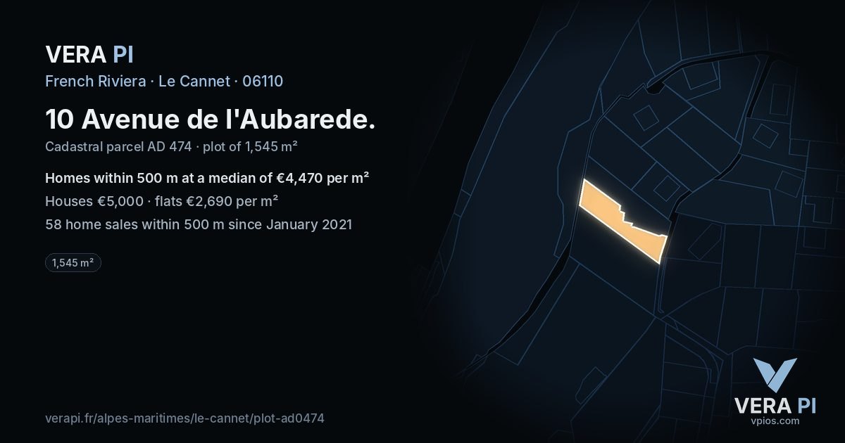 10 Avenue de l'Aubarede, Le Cannet at night – the plot lit, the parcels around coloured by the prices near them