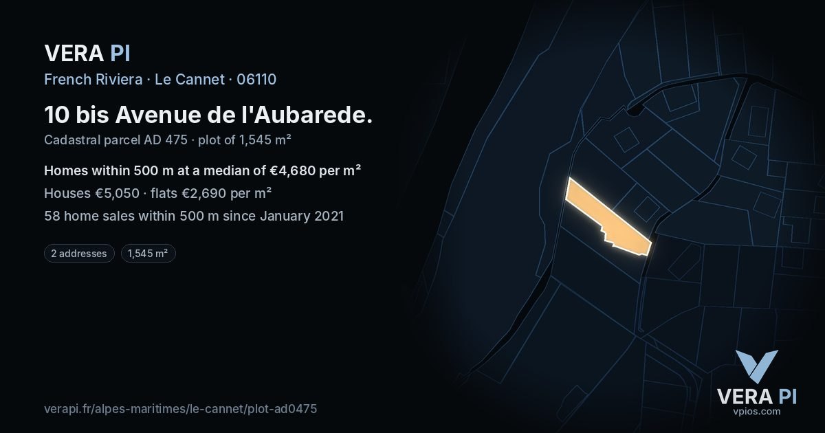 10 bis Avenue de l'Aubarede, Le Cannet at night – the plot lit, the parcels around coloured by the prices near them