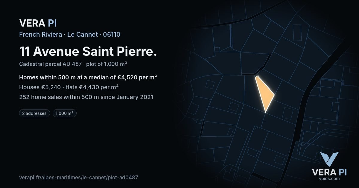 11 Avenue Saint Pierre, Le Cannet at night – the plot lit, the parcels around coloured by the prices near them