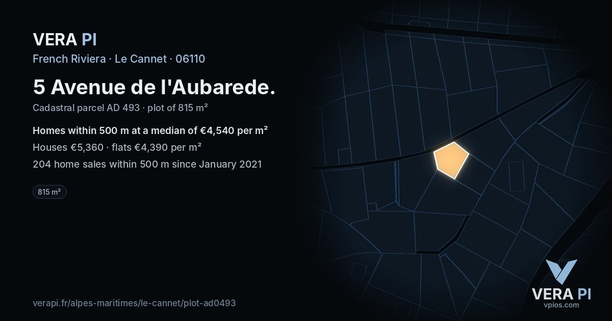 5 Avenue de l'Aubarede, Le Cannet at night – the plot lit, the parcels around coloured by the prices near them
