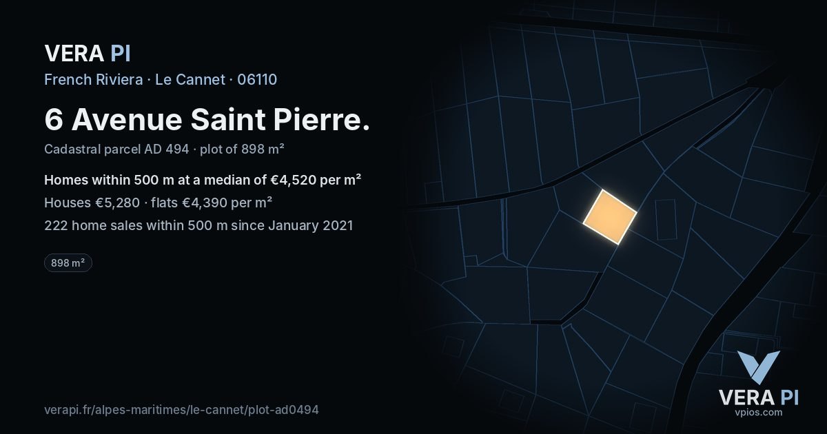 6 Avenue Saint Pierre, Le Cannet at night – the plot lit, the parcels around coloured by the prices near them