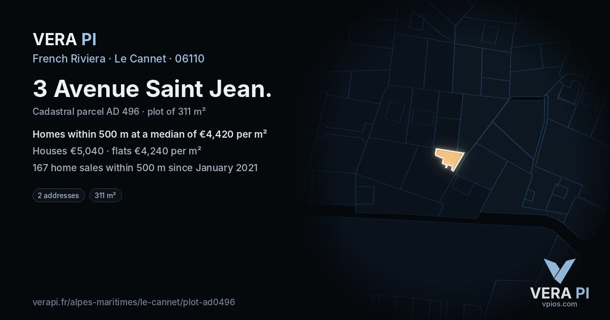 3 Avenue Saint Jean, Le Cannet at night – the plot lit, the parcels around coloured by the prices near them