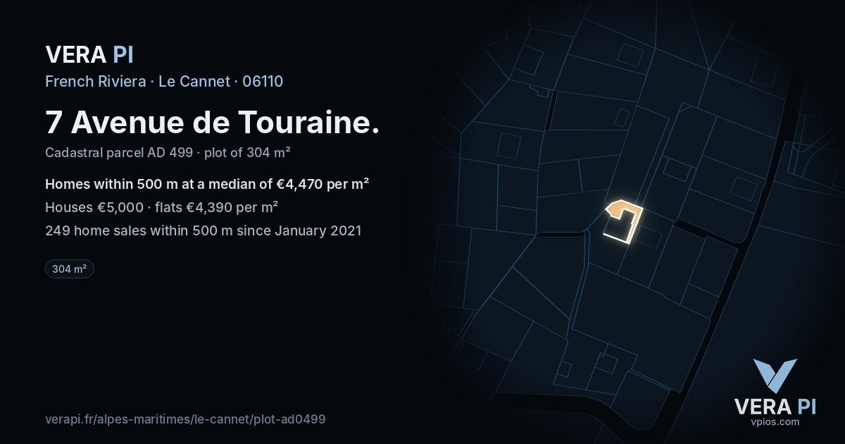 7 Avenue de Touraine, Le Cannet at night – the plot lit, the parcels around coloured by the prices near them