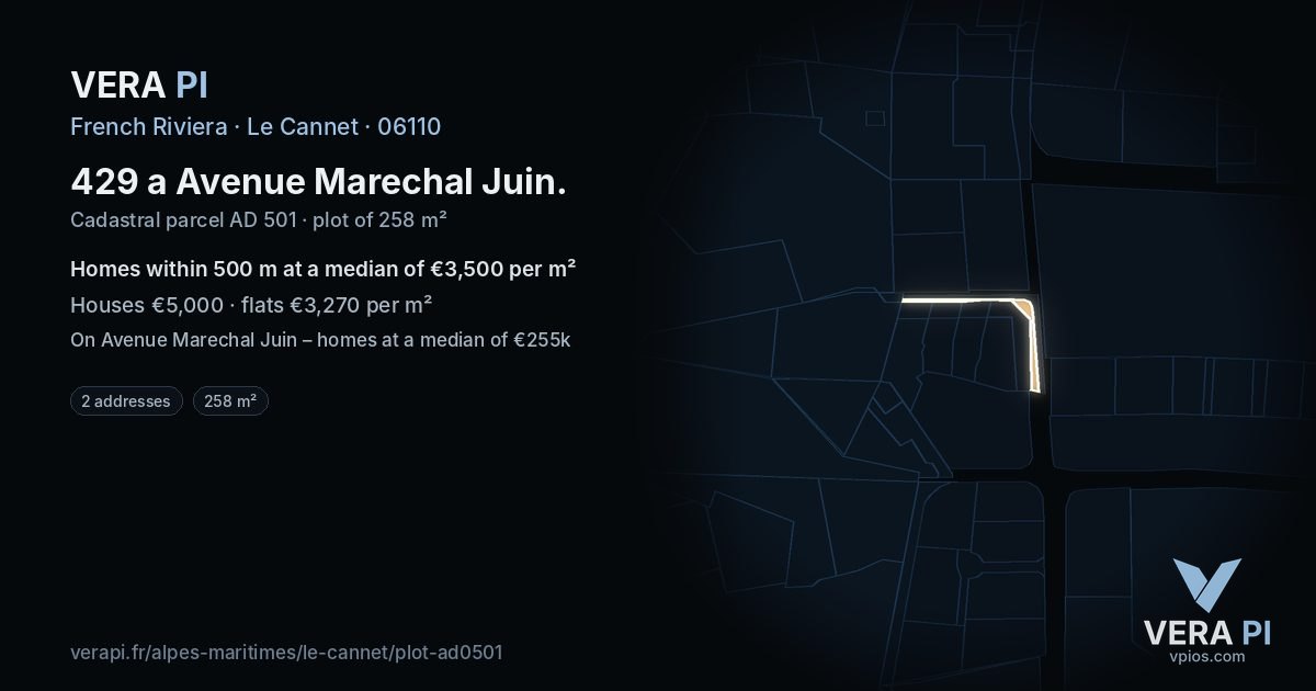 429 a Avenue Marechal Juin, Le Cannet at night – the plot lit, the parcels around coloured by the prices near them