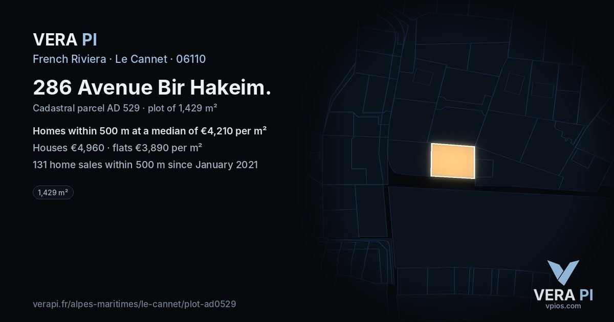 286 Avenue Bir Hakeim, Le Cannet at night – the plot lit, the parcels around coloured by the prices near them