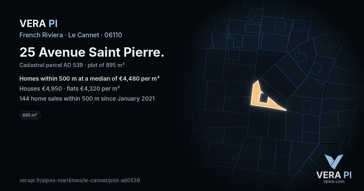 25 Avenue Saint Pierre, Le Cannet at night – the plot lit, the parcels around coloured by the prices near them