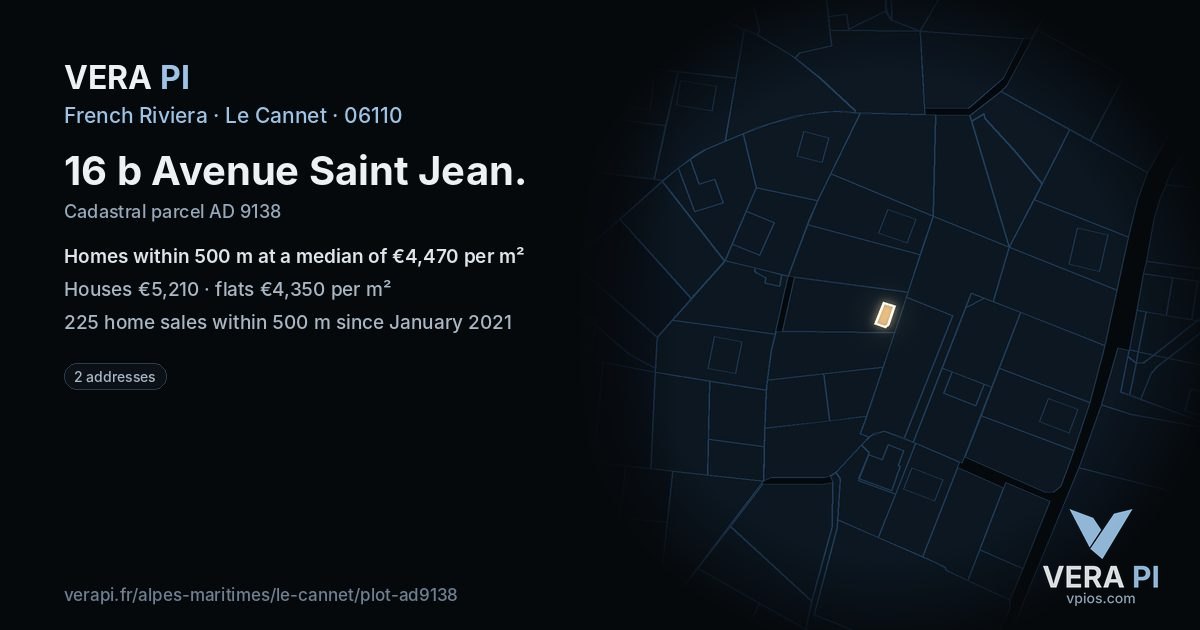 16 b Avenue Saint Jean, Le Cannet at night – the plot lit, the parcels around coloured by the prices near them