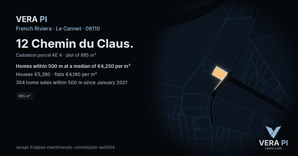 12 Chemin du Claus, Le Cannet at night – the plot lit, the parcels around coloured by the prices near them