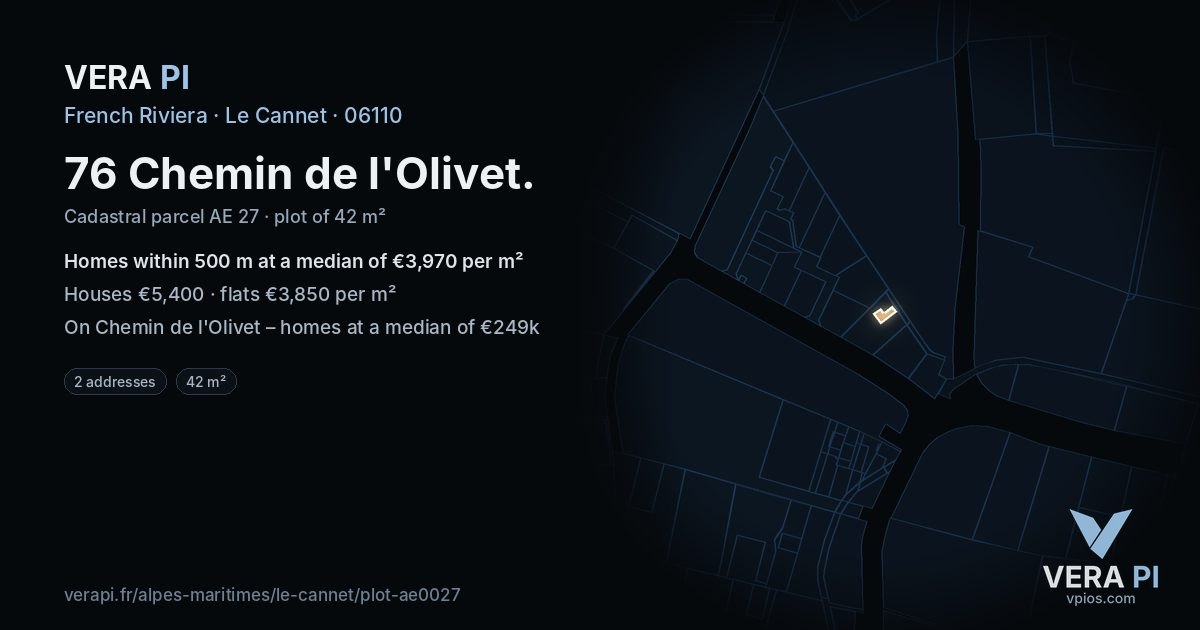 76 Chemin de l'Olivet, Le Cannet at night – the plot lit, the parcels around coloured by the prices near them