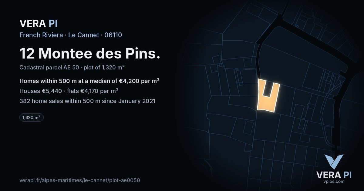 12 Montee des Pins, Le Cannet at night – the plot lit, the parcels around coloured by the prices near them