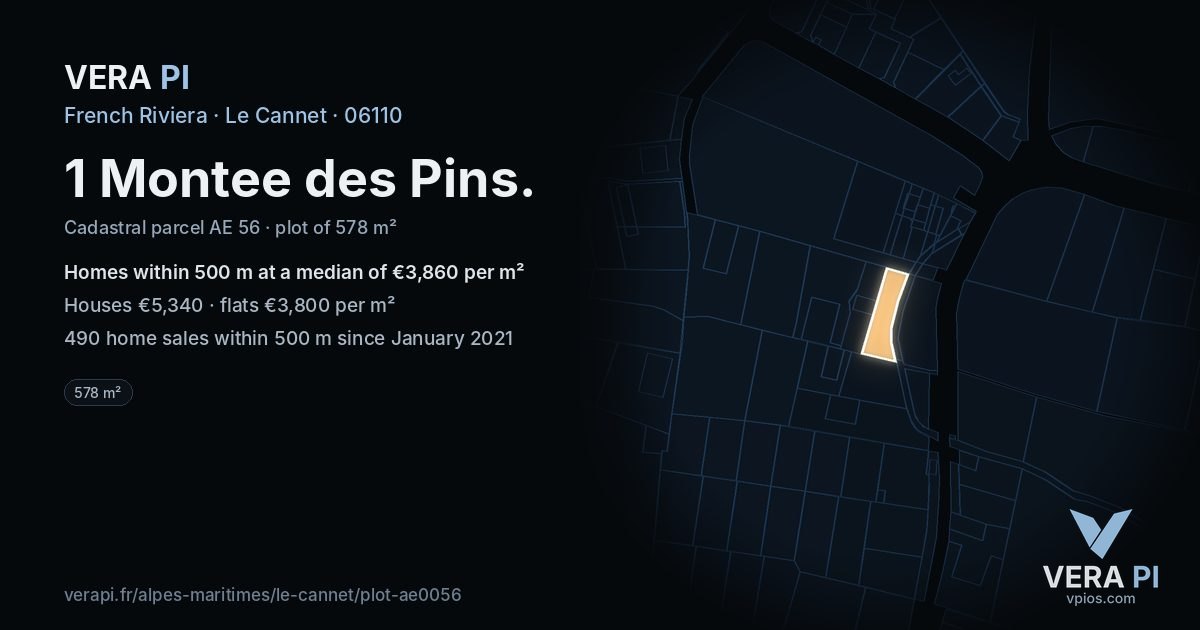 1 Montee des Pins, Le Cannet at night – the plot lit, the parcels around coloured by the prices near them