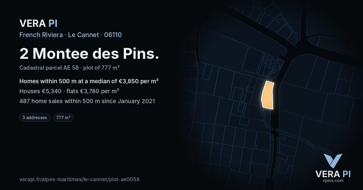 2 Montee des Pins, Le Cannet at night – the plot lit, the parcels around coloured by the prices near them