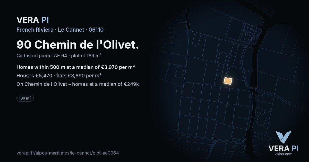 90 Chemin de l'Olivet, Le Cannet at night – the plot lit, the parcels around coloured by the prices near them