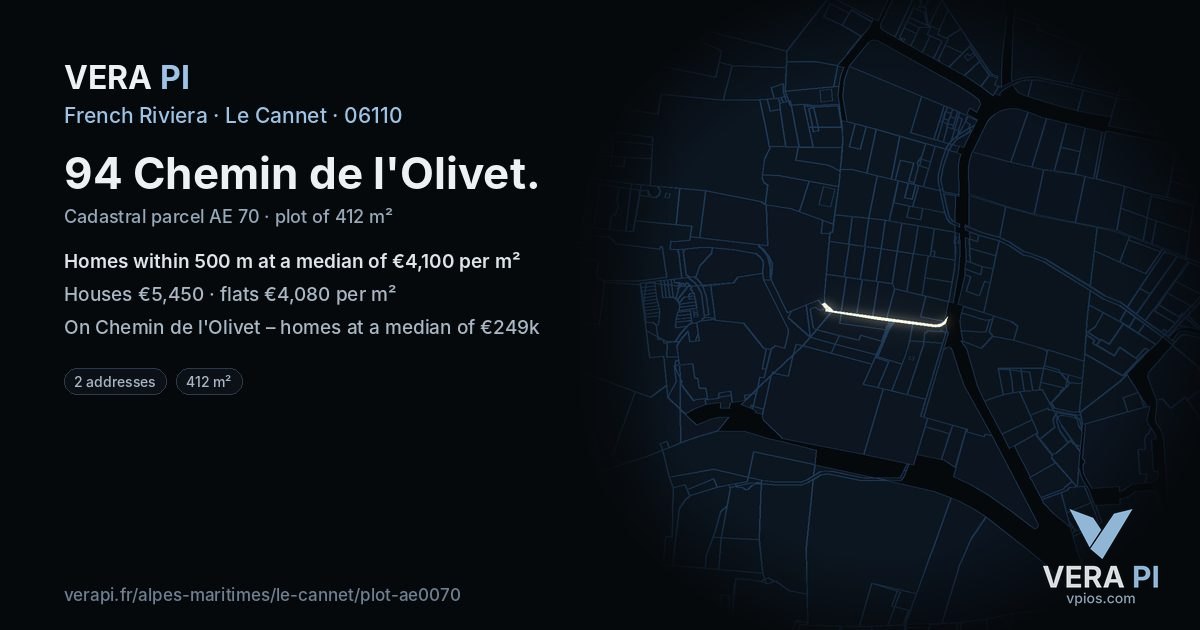94 Chemin de l'Olivet, Le Cannet at night – the plot lit, the parcels around coloured by the prices near them