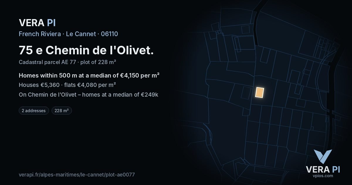 75 e Chemin de l'Olivet, Le Cannet at night – the plot lit, the parcels around coloured by the prices near them