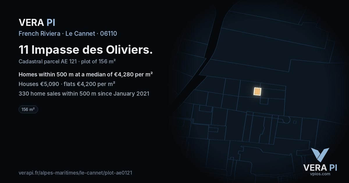 11 Impasse des Oliviers, Le Cannet at night – the plot lit, the parcels around coloured by the prices near them