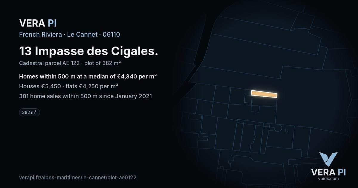 13 Impasse des Cigales, Le Cannet at night – the plot lit, the parcels around coloured by the prices near them