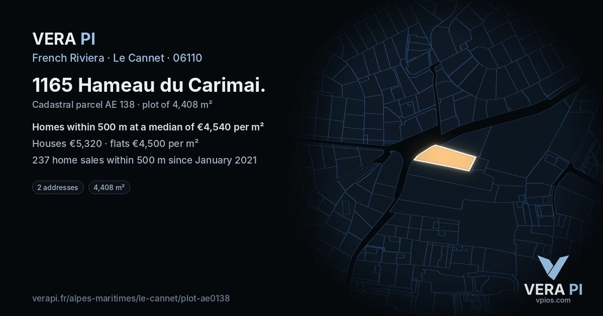 1165 Hameau du Carimai, Le Cannet at night – the plot lit, the parcels around coloured by the prices near them