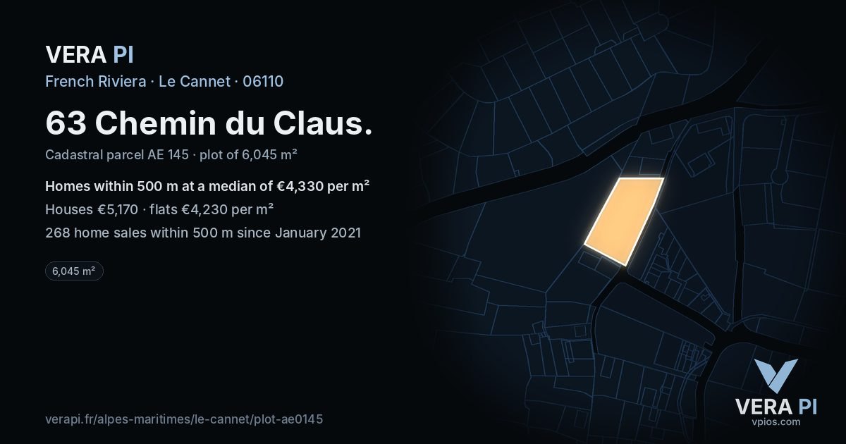 63 Chemin du Claus, Le Cannet at night – the plot lit, the parcels around coloured by the prices near them