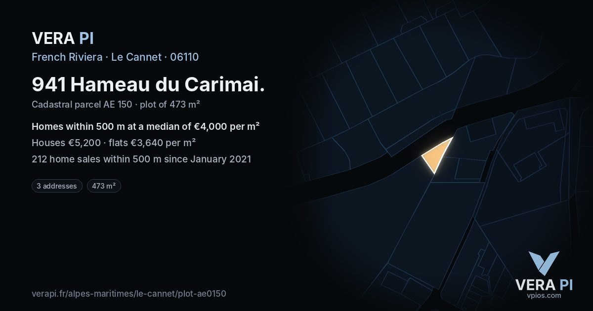 941 Hameau du Carimai, Le Cannet at night – the plot lit, the parcels around coloured by the prices near them