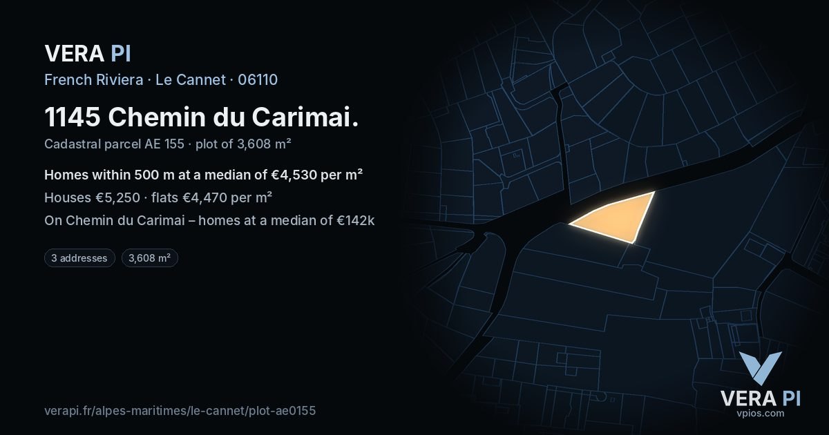 1145 Chemin du Carimai, Le Cannet at night – the plot lit, the parcels around coloured by the prices near them
