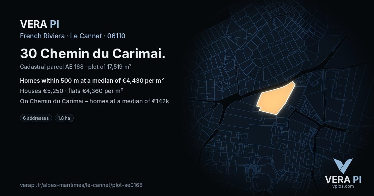 30 Chemin du Carimai, Le Cannet at night – the plot lit, the parcels around coloured by the prices near them