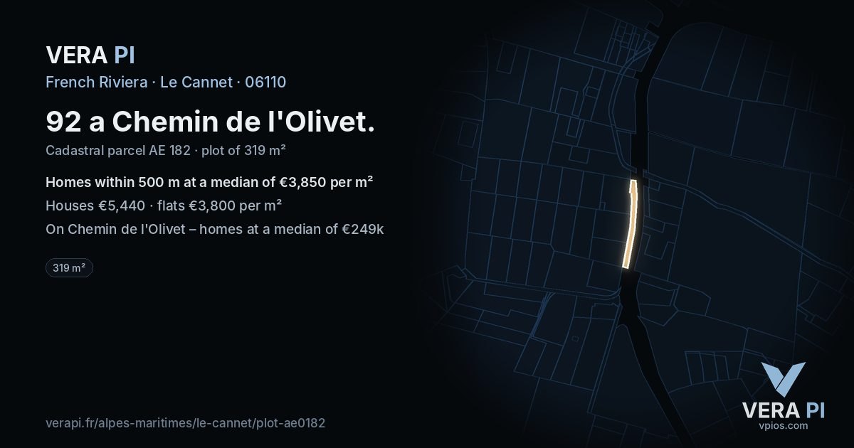 92 a Chemin de l'Olivet, Le Cannet at night – the plot lit, the parcels around coloured by the prices near them