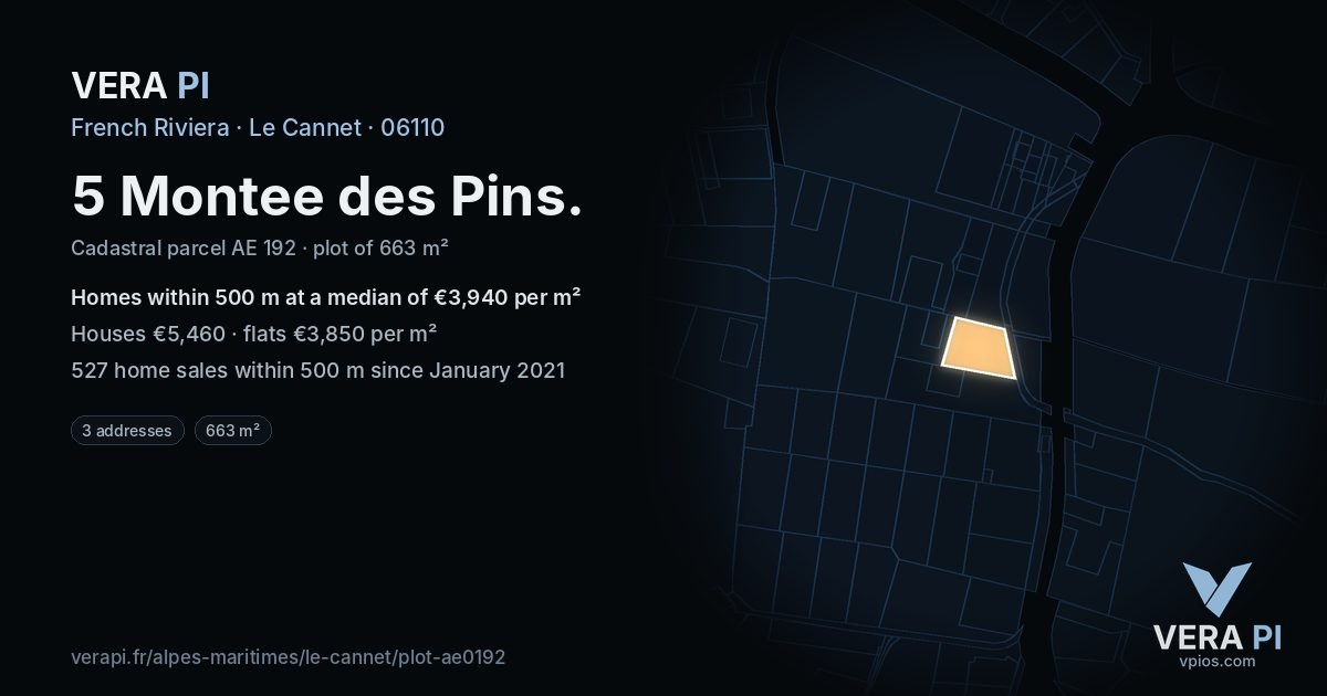 5 Montee des Pins, Le Cannet at night – the plot lit, the parcels around coloured by the prices near them