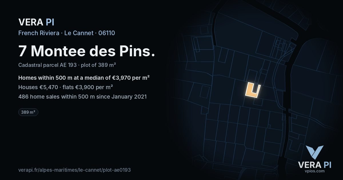 7 Montee des Pins, Le Cannet at night – the plot lit, the parcels around coloured by the prices near them