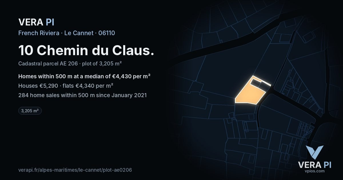 10 Chemin du Claus, Le Cannet at night – the plot lit, the parcels around coloured by the prices near them