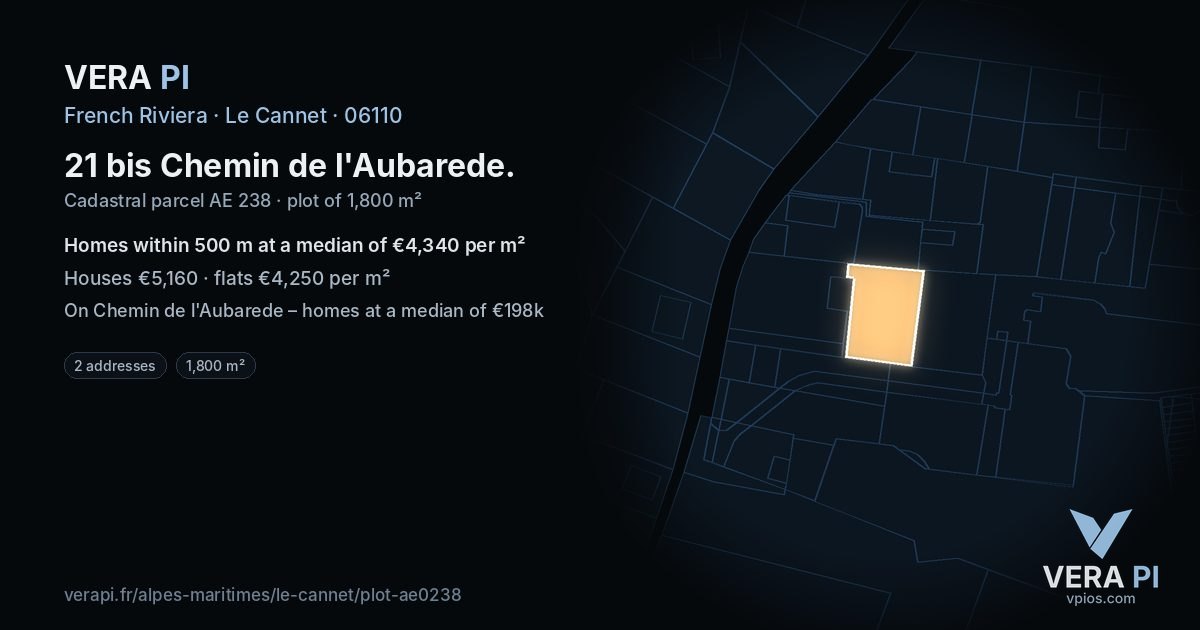 21 bis Chemin de l'Aubarede, Le Cannet at night – the plot lit, the parcels around coloured by the prices near them