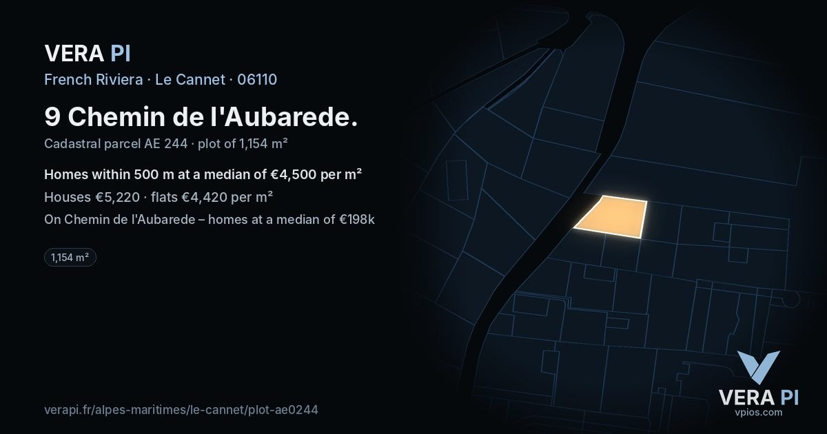 9 Chemin de l'Aubarede, Le Cannet at night – the plot lit, the parcels around coloured by the prices near them