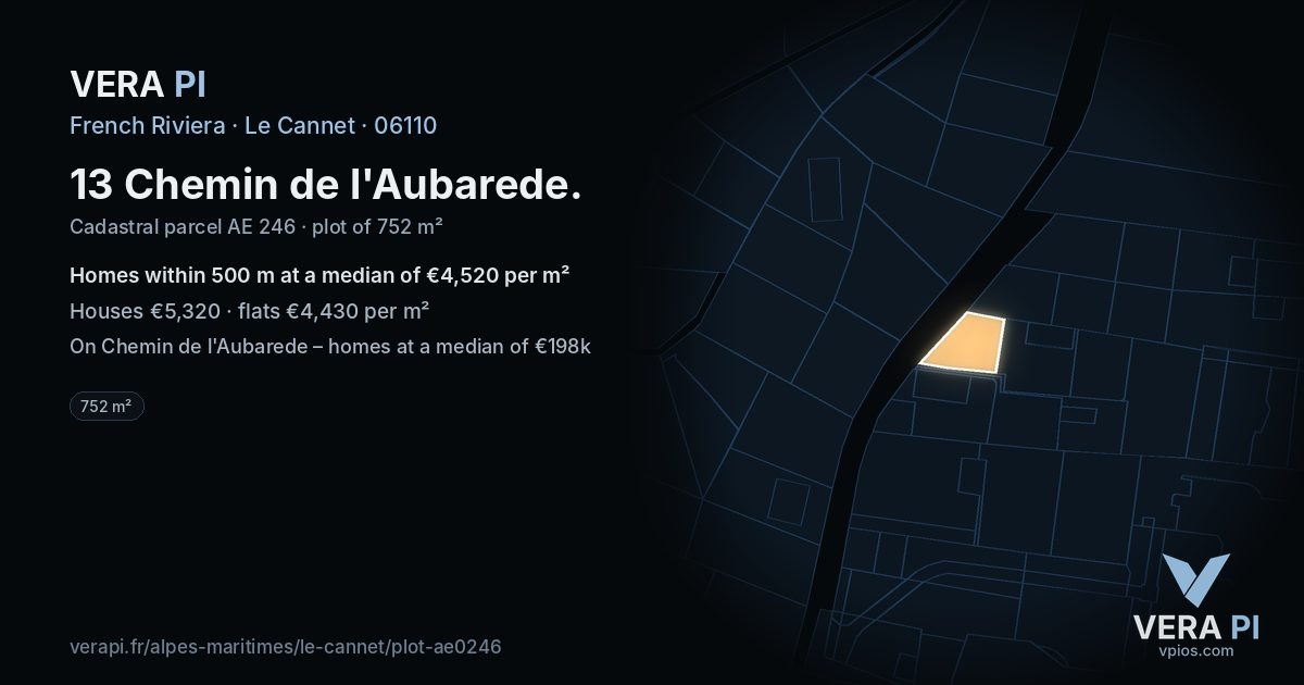 13 Chemin de l'Aubarede, Le Cannet at night – the plot lit, the parcels around coloured by the prices near them