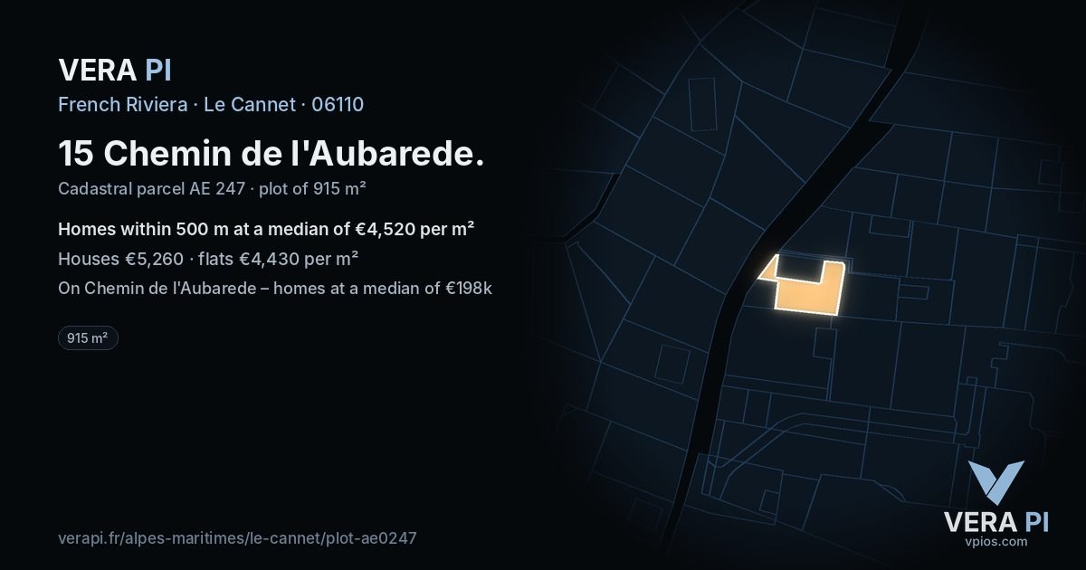 15 Chemin de l'Aubarede, Le Cannet at night – the plot lit, the parcels around coloured by the prices near them