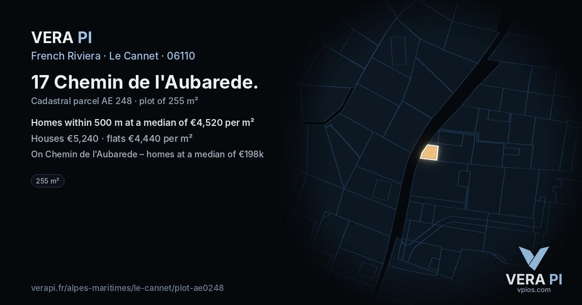 17 Chemin de l'Aubarede, Le Cannet at night – the plot lit, the parcels around coloured by the prices near them
