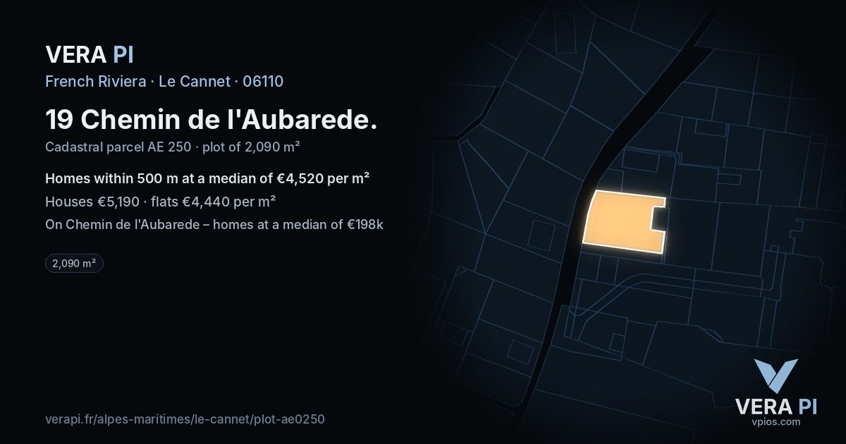 19 Chemin de l'Aubarede, Le Cannet at night – the plot lit, the parcels around coloured by the prices near them