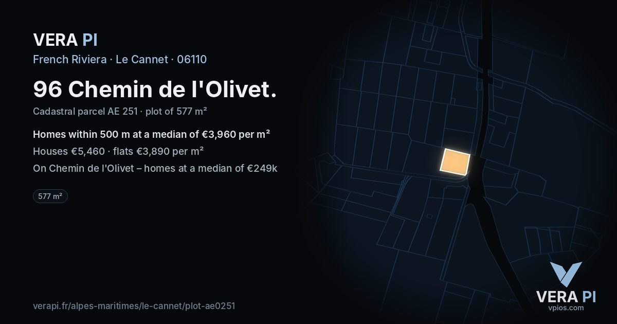 96 Chemin de l'Olivet, Le Cannet at night – the plot lit, the parcels around coloured by the prices near them