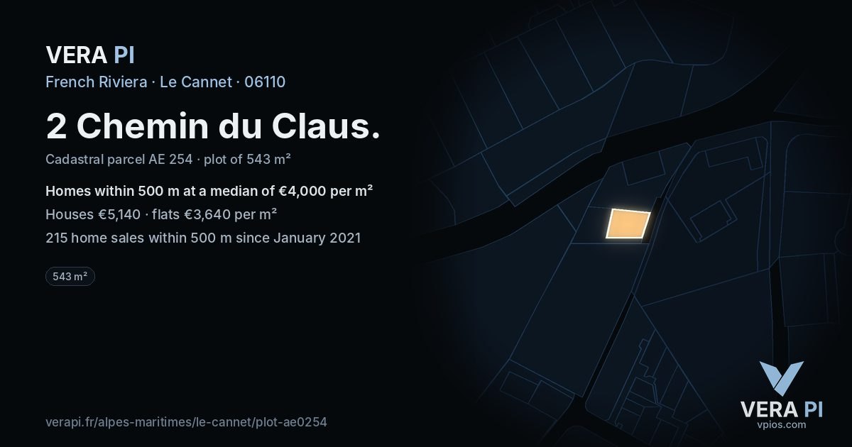 2 Chemin du Claus, Le Cannet at night – the plot lit, the parcels around coloured by the prices near them