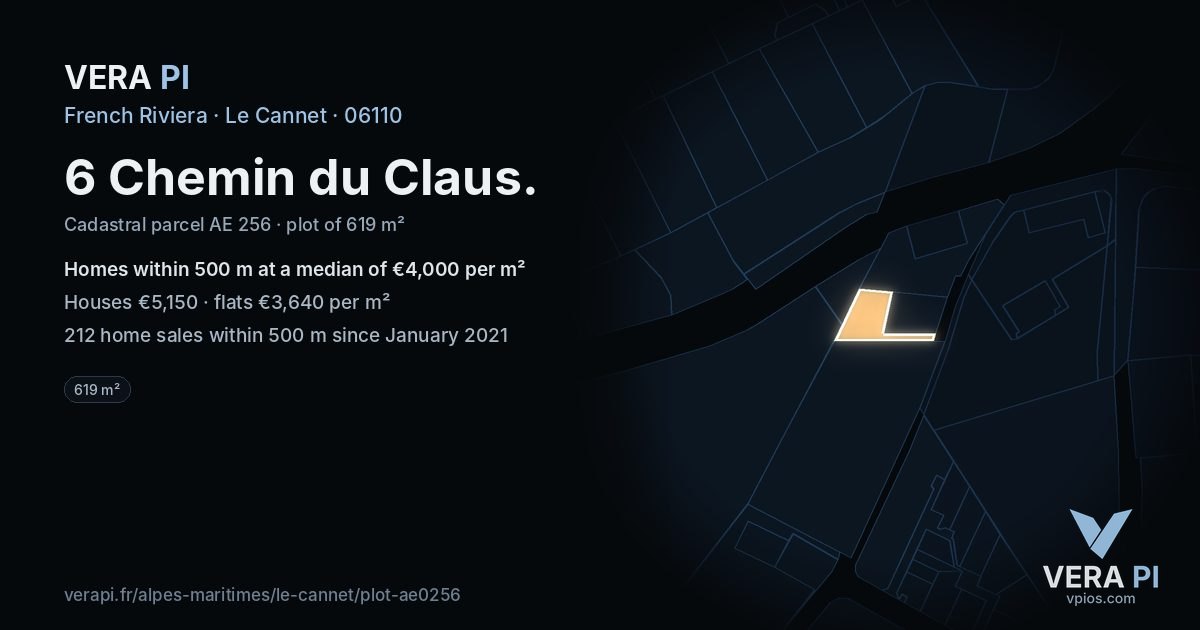 6 Chemin du Claus, Le Cannet at night – the plot lit, the parcels around coloured by the prices near them