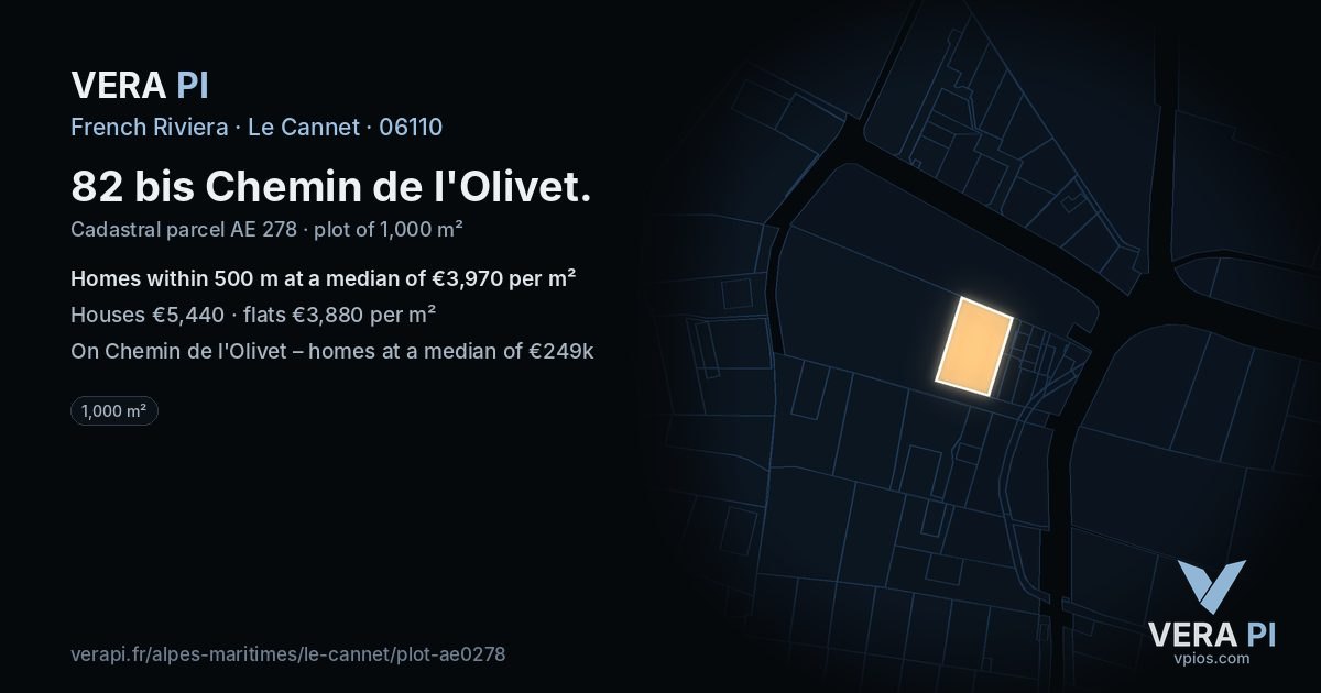 82 bis Chemin de l'Olivet, Le Cannet at night – the plot lit, the parcels around coloured by the prices near them
